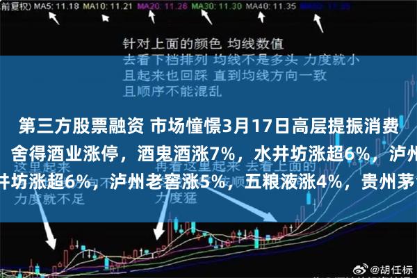 第三方股票融资 市场憧憬3月17日高层提振消费政策，白酒股强势反弹！舍得酒业涨停，酒鬼酒涨7%，水井坊涨超6%，泸州老窖涨5%，五粮液涨4%，贵州茅台涨3%