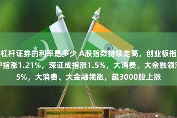 杠杆证券的利率是多少 A股指数持续走高，创业板指涨幅扩大至2%，沪指涨1.21%，深证成指涨1.5%，大消费、大金融领涨，超3000股上涨